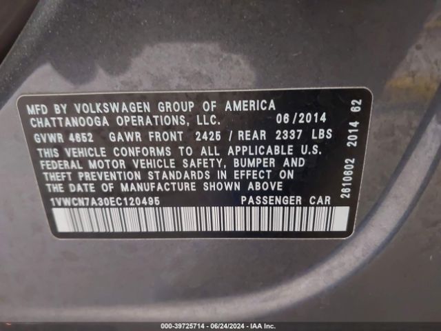 1VWCN7A30EC120495 Volkswagen Passat 2.0l Tdi Sel Premium