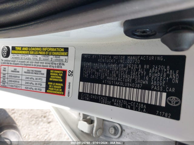 Toyota CAMRY SE 2020 4T1G11AK0LU940387 Image 9