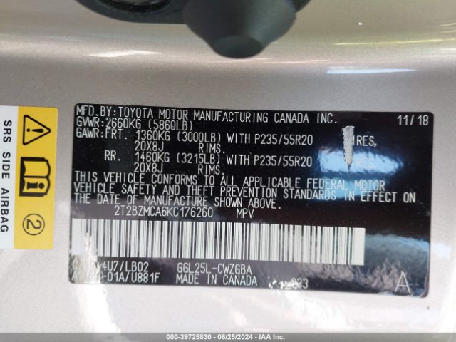2T2BZMCA6KC176260 Lexus RX 350
