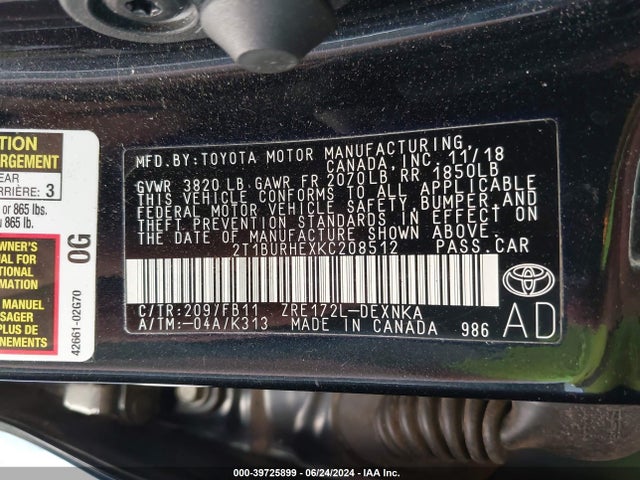Toyota COROLLA LE 2019 2T1BURHEXKC208512 Image 9