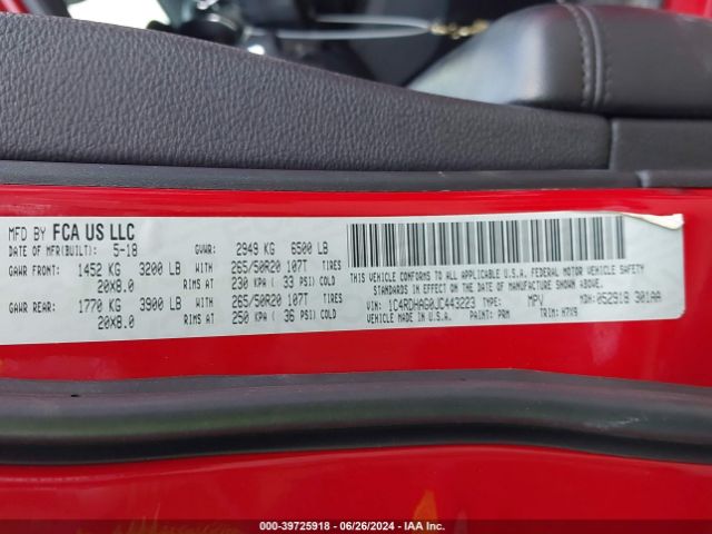 1C4RDHAG0JC443223 Dodge Durango Sxt Rwd