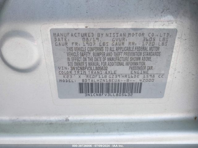3N1CN8FV3LL805632 Nissan Versa Sr Xtronic Cvt