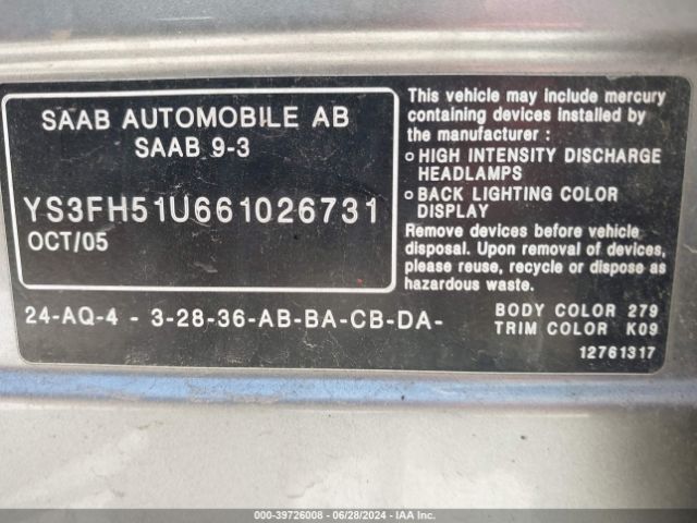 2006 SAAB 9-3 YS3FH51U661026731 Photo 8