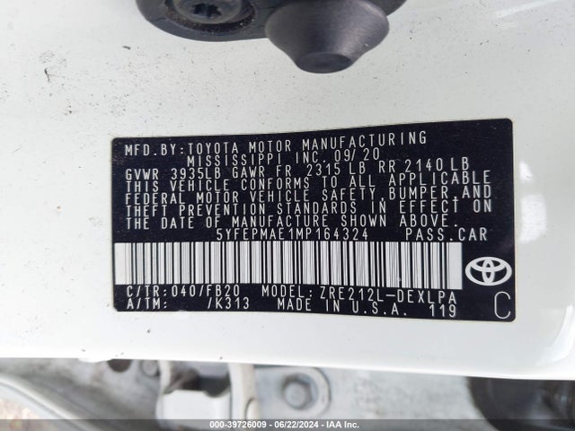 Toyota COROLLA LE 2021 5YFEPMAE1MP164324 Image 9
