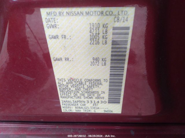 1N4AL3AP9FN331430 Nissan Altima 2.5/2.5 S/2.5 Sl/2.5 Sv