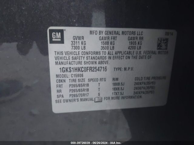 1GKS1HKC0FR254716 GMC Yukon Xl 1500 Slt
