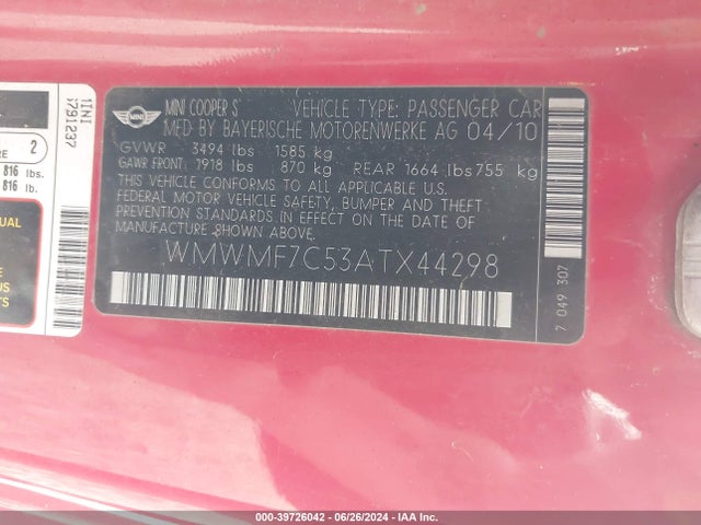 2010 MINI COOPER S WMWMF7C53ATX44298 Photo 8