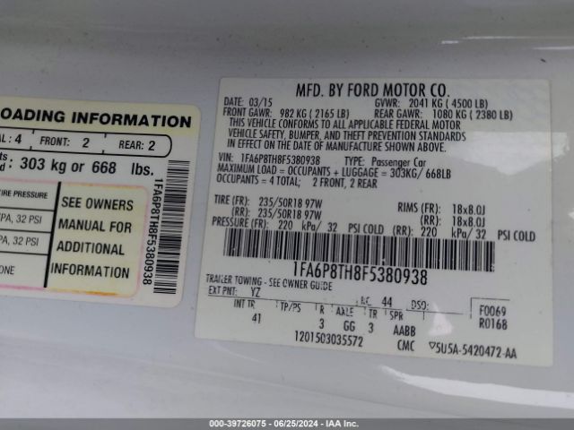 1FA6P8TH8F5380938 Ford Mustang Ecoboost