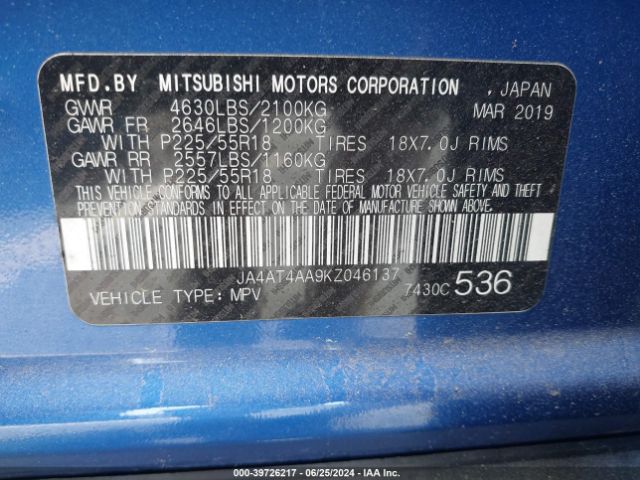 JA4AT4AA9KZ046137 Mitsubishi Eclipse Cross Le