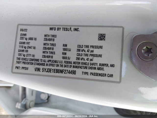 Tesla Model 3 Long Range Dual Motor All-wheel Drive 2022 5YJ3E1EB8NF274490 Image 9
