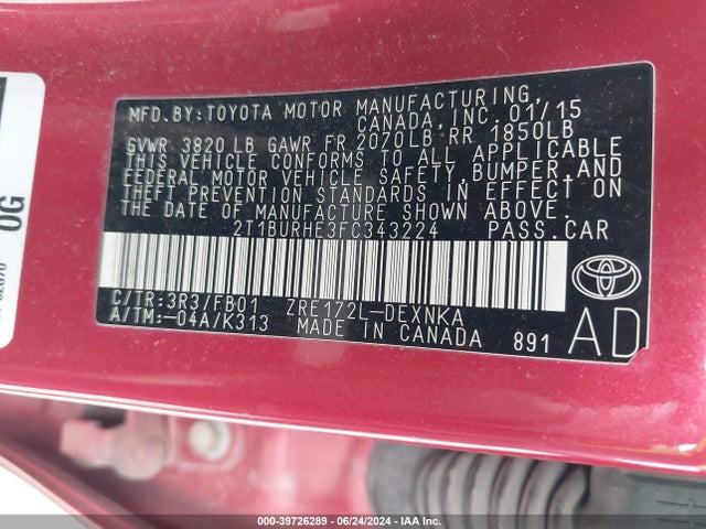 Toyota Corolla Le Plus 2015 2T1BURHE3FC343224 Image 9