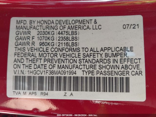 1HGCV1F38MA091994 Honda Accord Sport