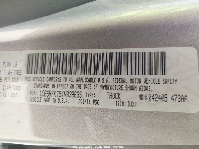 1C6SRFKT9KN839635 RAM 1500 Longhorn  4x4 5'7 Box