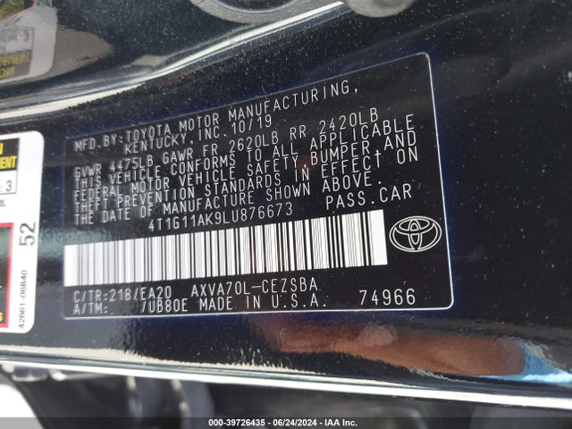 Toyota CAMRY SE 2020 4T1G11AK9LU876673 Image 9