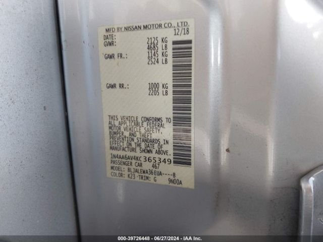 1N4AA6AV4KC365349 Nissan Maxima 3.5 Sl