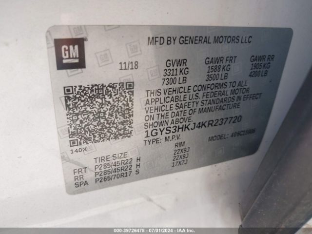 1GYS3HKJ4KR237720 Cadillac Escalade Esv Luxury