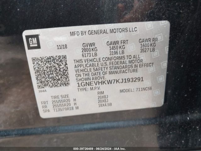 1GNEVHKW7KJ193291 Chevrolet Traverse 3lt