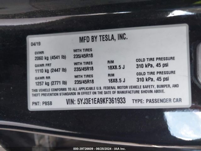 5YJ3E1EA9KF361933 Tesla Model 3 Long Range/mid Range/standard Range/standard Range Plus