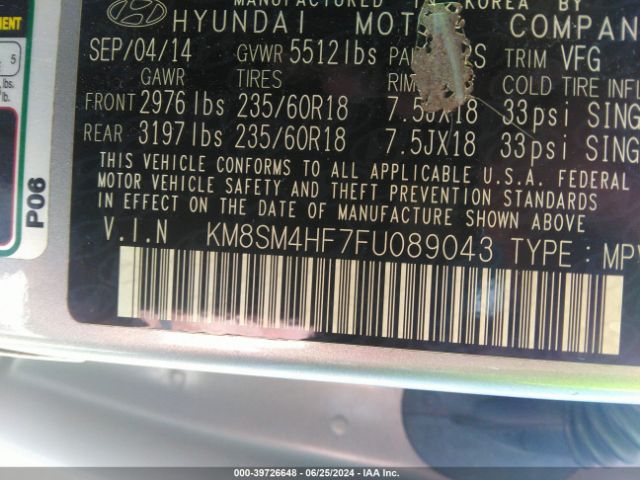 KM8SM4HF7FU089043 Hyundai Santa Fe Gls