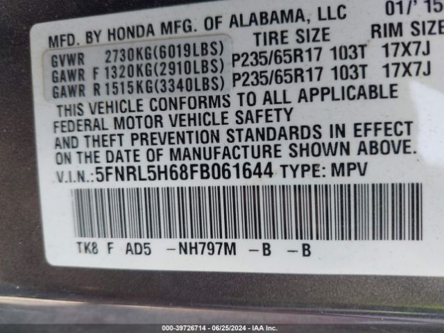 5FNRL5H68FB061644 Honda Odyssey Ex-l