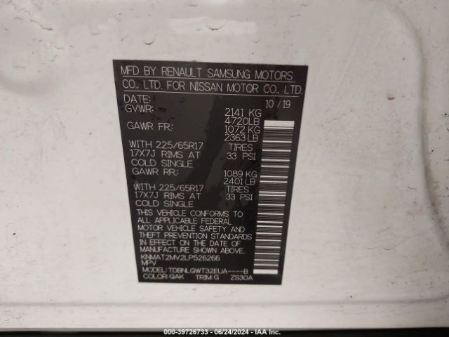 KNMAT2MV2LP526266 Nissan Rogue Sv Intelligent Awd