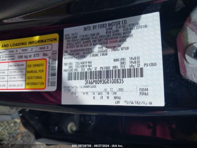 3FA6P0D93GR100835 Ford Fusion Titanium