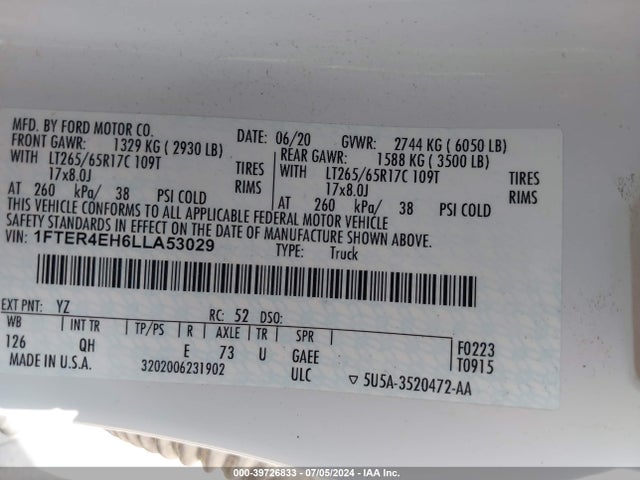 Ford RANGER XL 2020 1FTER4EH6LLA53029 Image 9