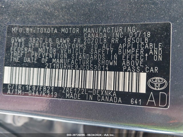 Toyota COROLLA LE 2018 2T1BURHE9JC053014 Image 9