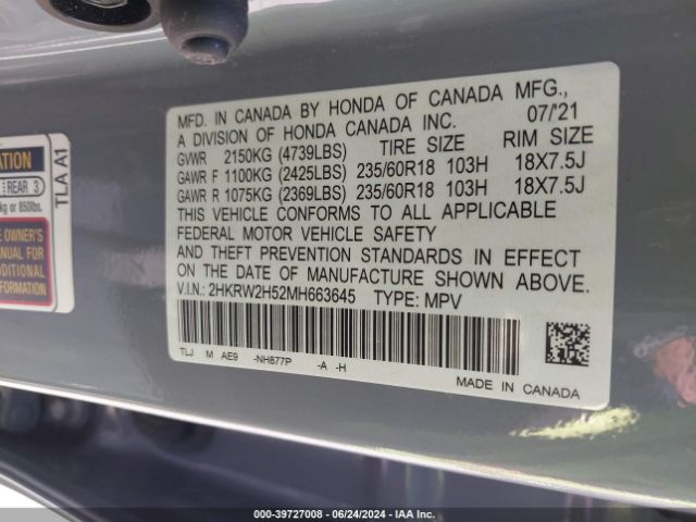 2HKRW2H52MH663645 Honda Cr-v Awd Ex
