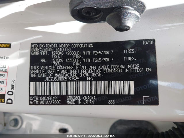 Toyota 4RUNNER SR5 2019 JTEZU5JR0K5197985 Image 9