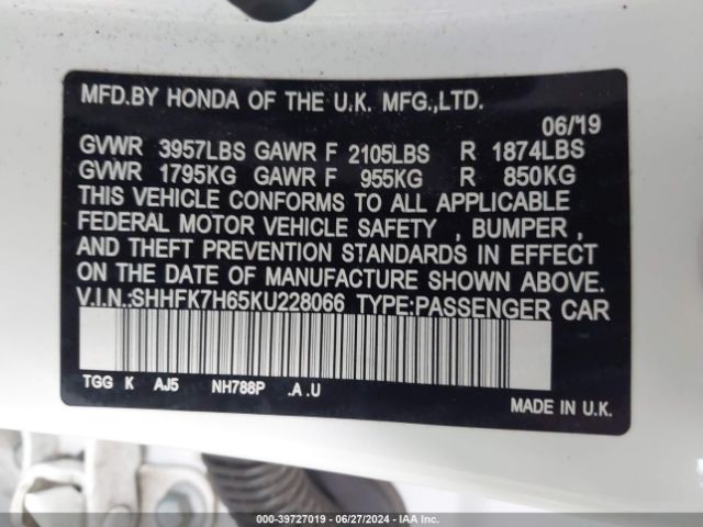 SHHFK7H65KU228066 Honda CIVIC EX