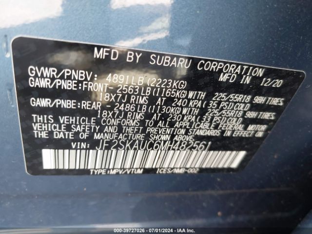 JF2SKAUC6MH482561 Subaru Forester Limited
