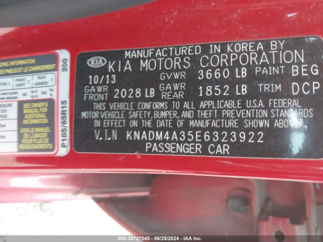 KNADM4A35E6323922 KIA RIO LX