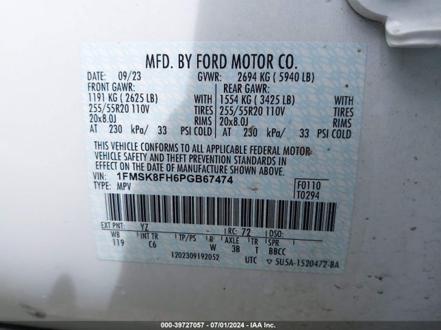 Ford Explorer Limited 2023 1FMSK8FH6PGB67474 Image 9
