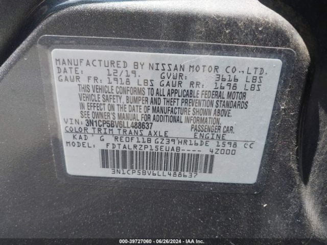 3N1CP5BV6LL488637 Nissan Kicks S Xtronic Cvt