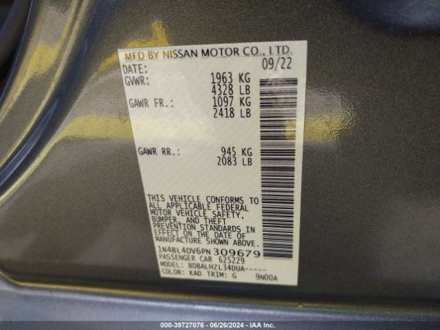 1N4BL4DV6PN309679 Nissan Altima Sv Fwd
