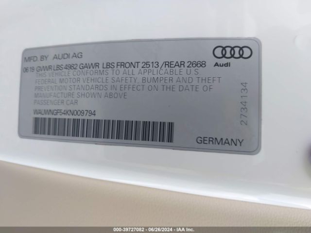 WAUWNGF54KN009794 Audi A5 45 Premium