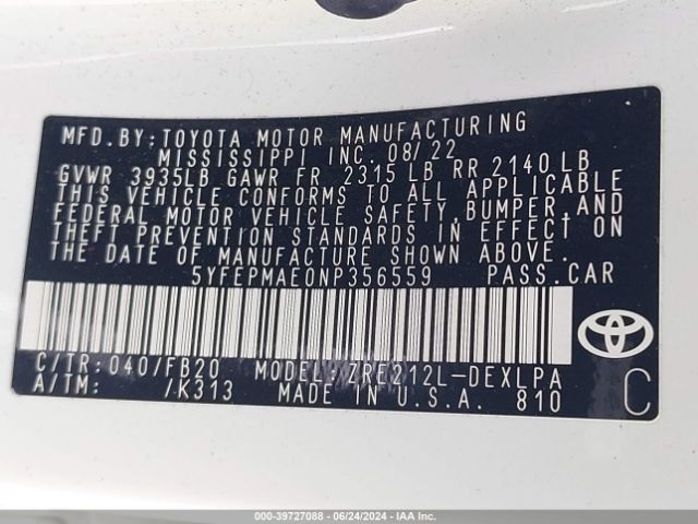 5YFEPMAE0NP356559 Toyota COROLLA LE