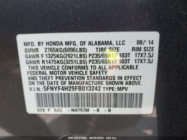 5FNYF4H29FB013242 Honda PILOT LX