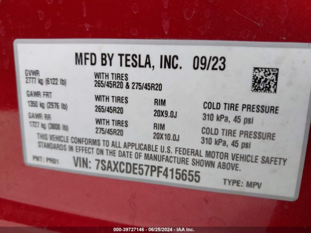 7SAXCDE57PF415655 Tesla Model X Dual Motor All-wheel Drive/standard Range