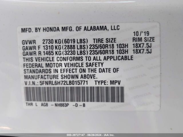 5FNRL6H72LB015771 Honda Odyssey Ex-l/ex-l W/navi   Res