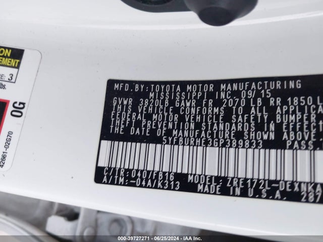 Toyota COROLLA LE 2016 5YFBURHE3GP389833 Image 9