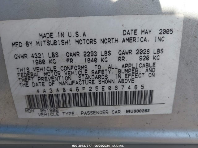 2005 MITSUBISHI GALANT 4A3AB46F25E067465 Photo 8