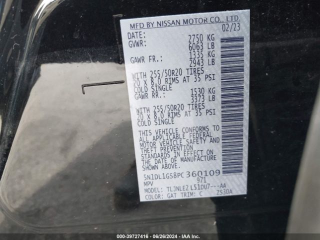 5N1DL1GS8PC360109 Infiniti Qx60 Sensory Awd