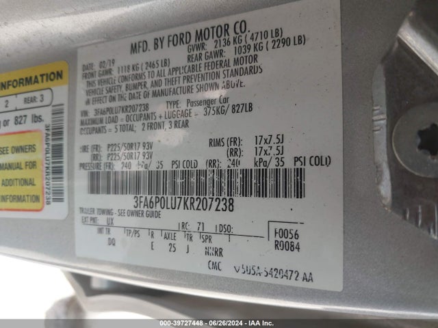 Ford Fusion Hybrid Se 2019 3FA6P0LU7KR207238 Image 9