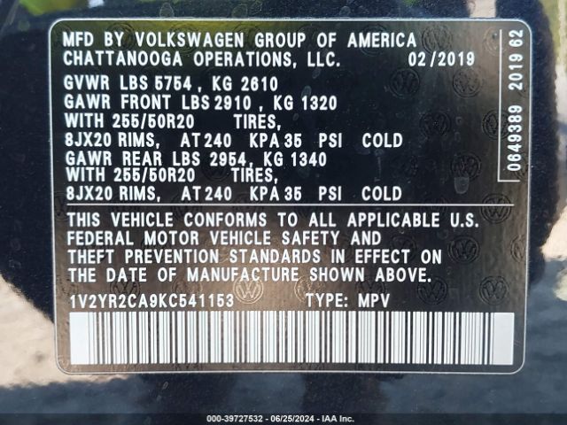 1V2YR2CA9KC541153 Volkswagen Atlas 3.6l V6 Se W/technology R-line