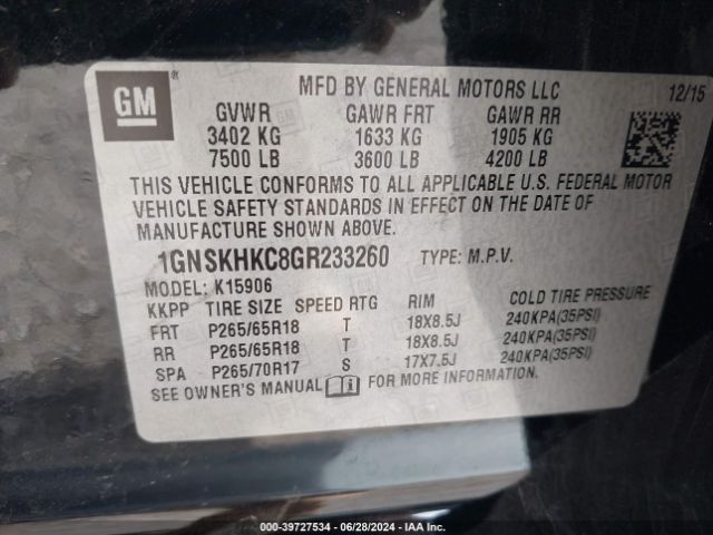 1GNSKHKC8GR233260 Chevrolet Suburban Lt