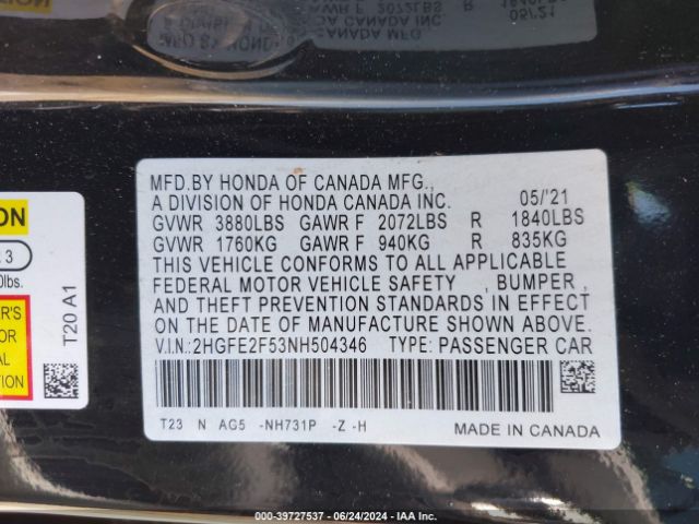 2HGFE2F53NH504346 Honda Civic Sport