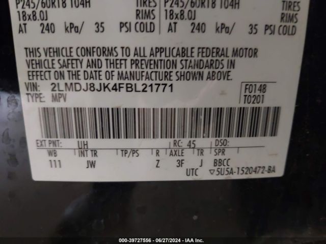 2LMDJ8JK4FBL21771 Lincoln MKX