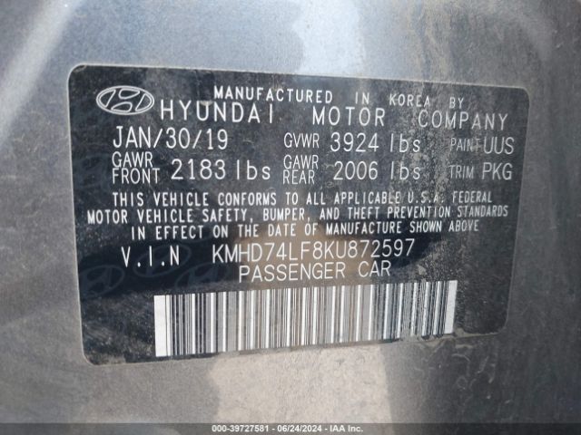 KMHD74LF8KU872597 Hyundai ELANTRA SE
